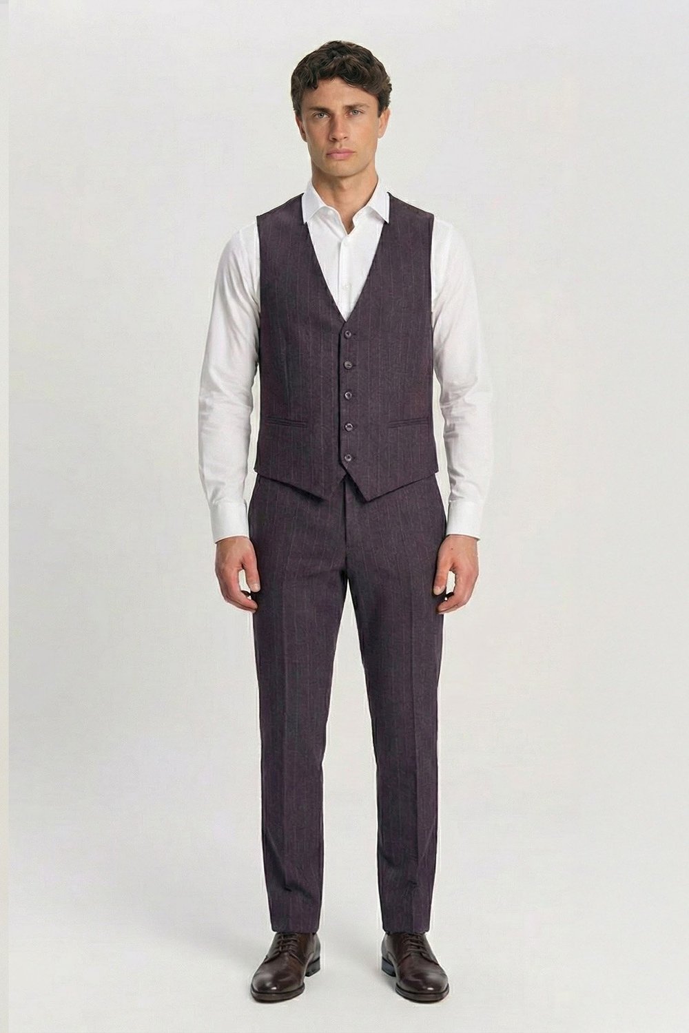 Giotelli Bordo Yelekli Çizgili Mono Yaka Roma Kalıp 8 Drop Tam Astarlı Erkek Takım Elbise RM