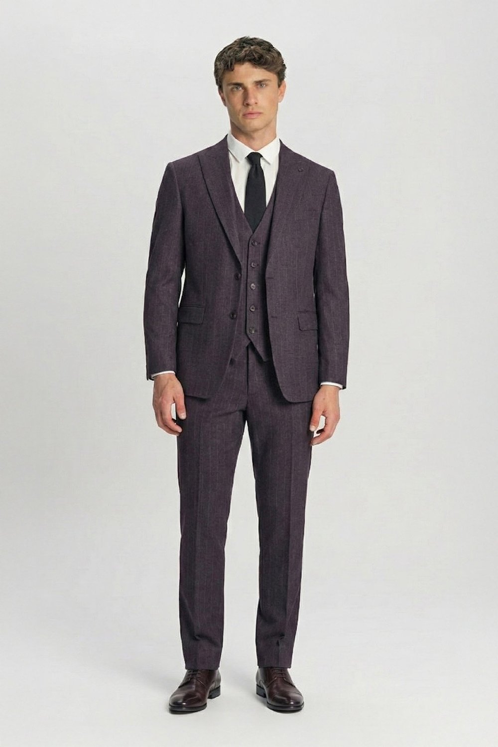 Giotelli Bordo Yelekli Çizgili Mono Yaka Roma Kalıp 8 Drop Tam Astarlı Erkek Takım Elbise RM
