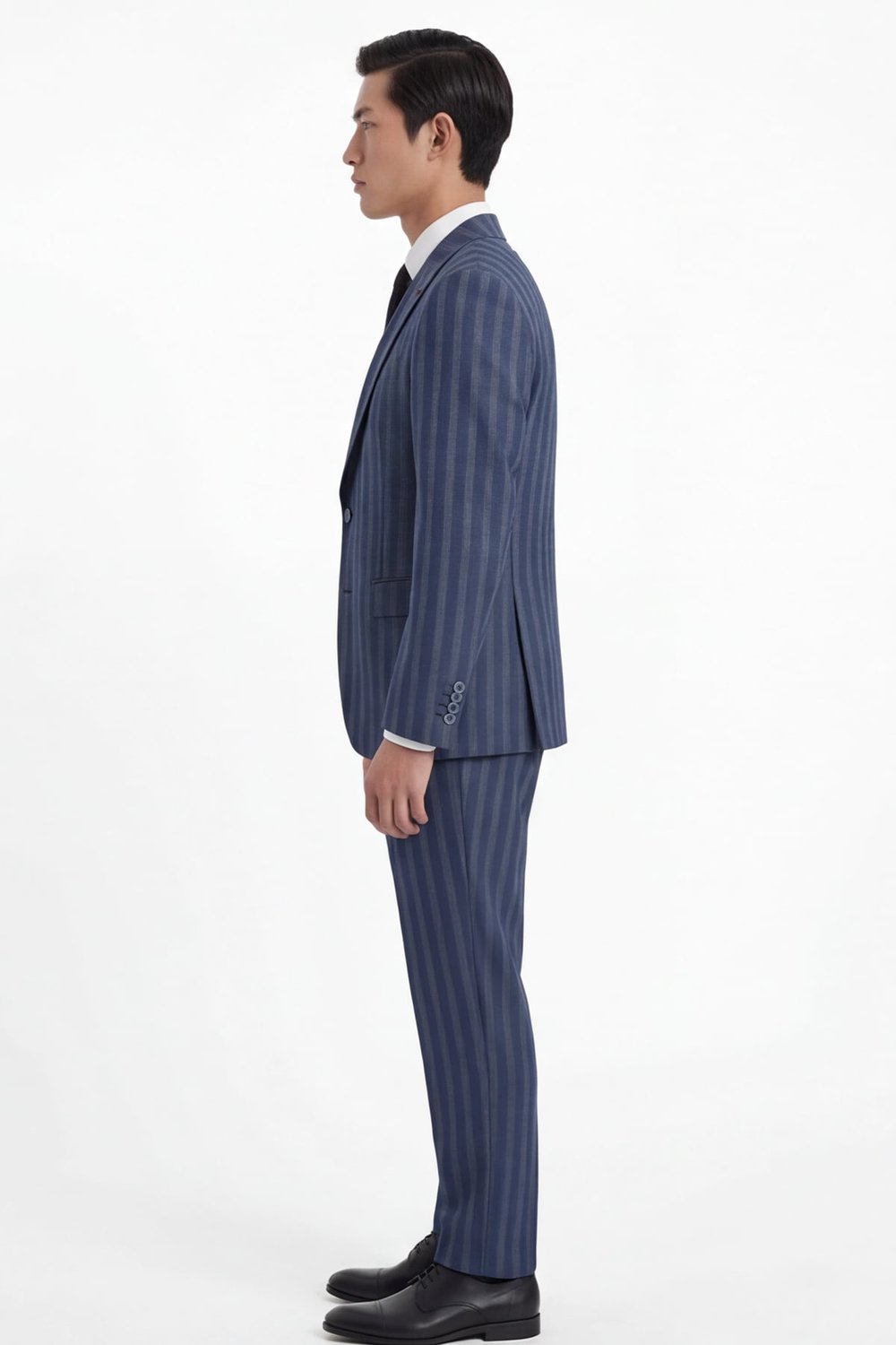 Giotelli Erkek Lacivert Dar Kesim Slim Fit Viskon Çizgili Dokuma Fleto Kapaklı Cep Normal Bel 8 Drop Yelekli Klasik Takım Elbise