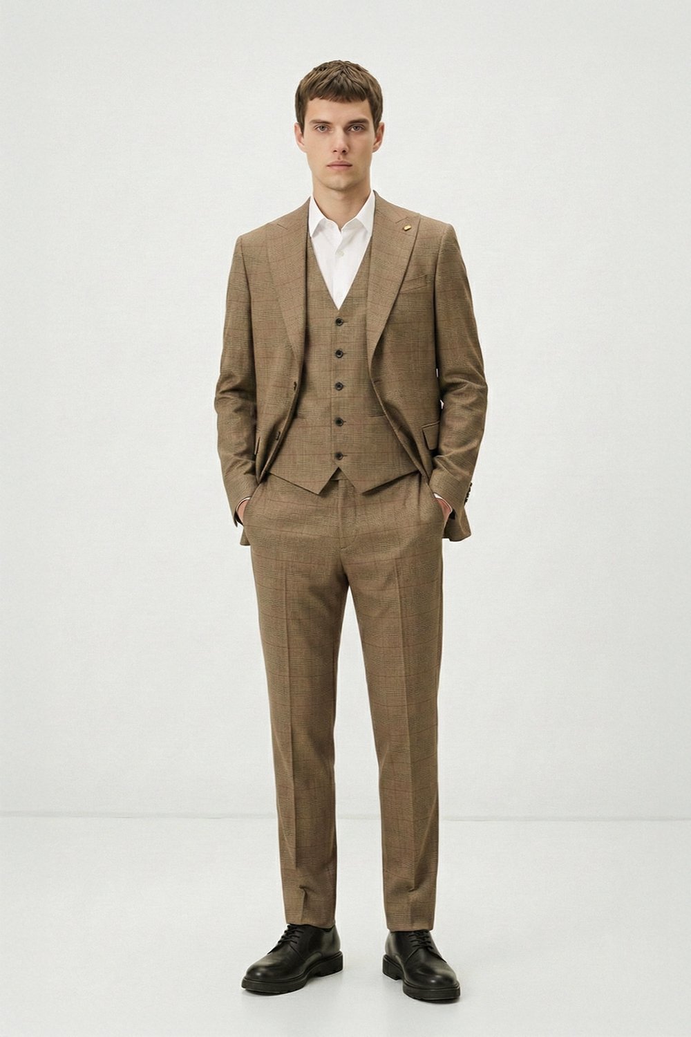 Giotelli Erkek Haki Dar Kesim Slim Fit Viskon Dokuma Ekose Çift Yırtmaçlı Kemerli Bel Tam Astarlı Mono Yaka 6 Drop 5li Takım Elbise