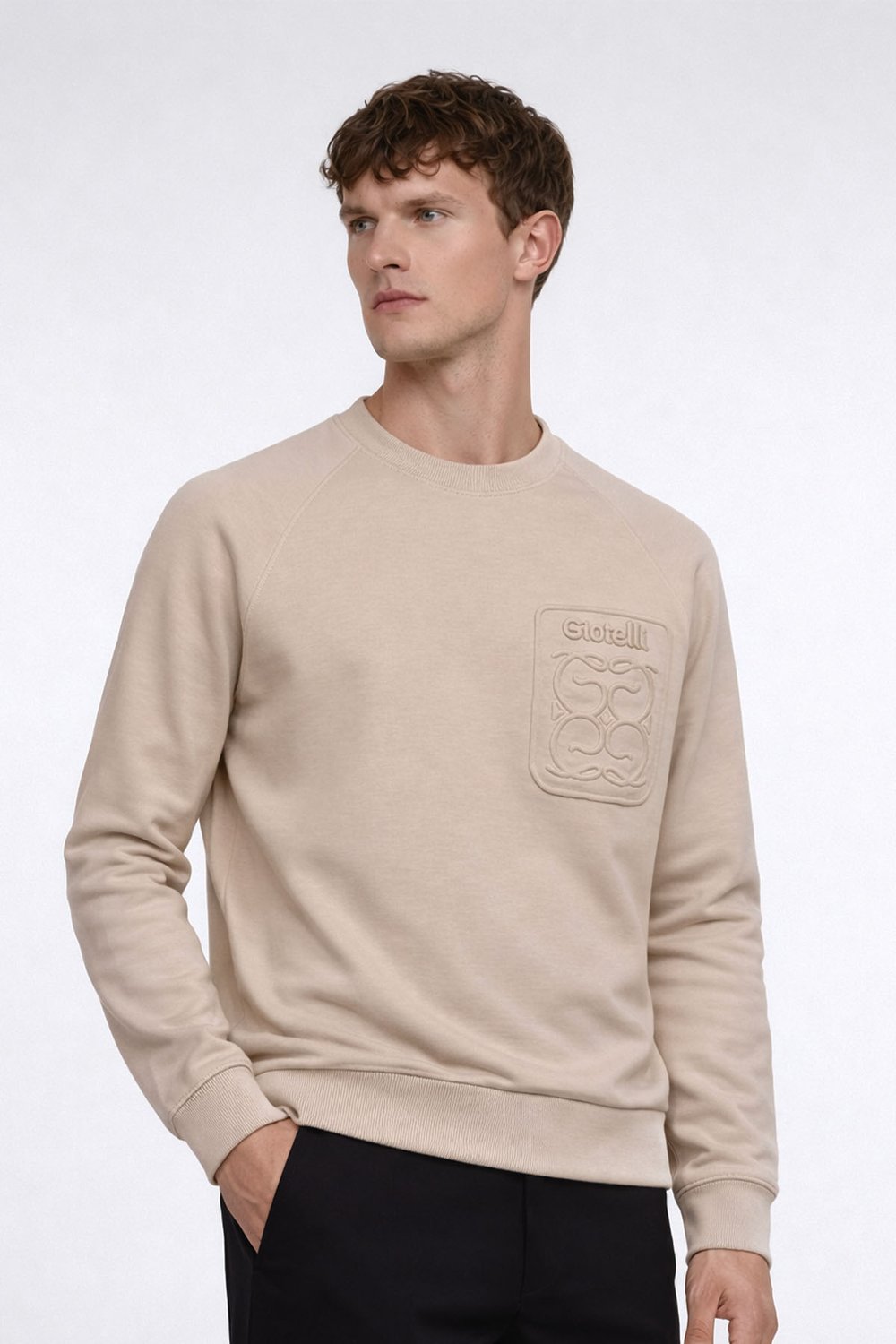 Giotelli Erkek Ekru Normal Kesim Regular Fit %100 Pamuk Örme Bisiklet Yaka Sweatshirt