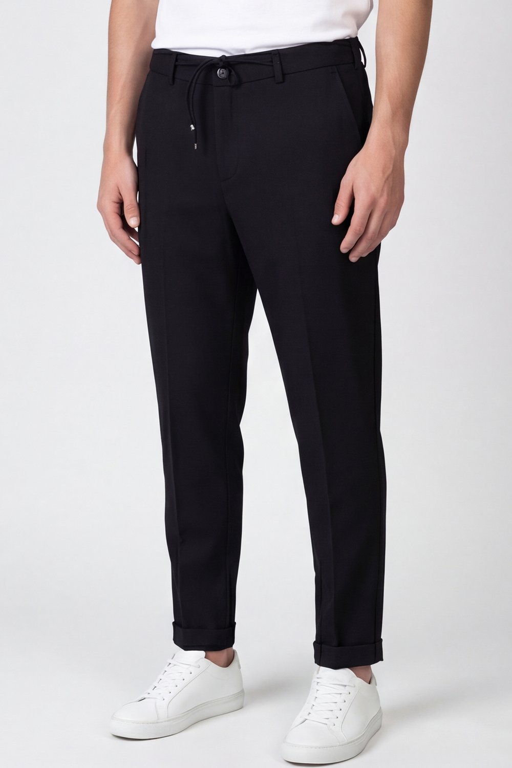 Giotelli Erkek Siyah Dar Kesim Slim Fit Viskon Dokuma Yan Cep Bağcıklı Bel Pantolon