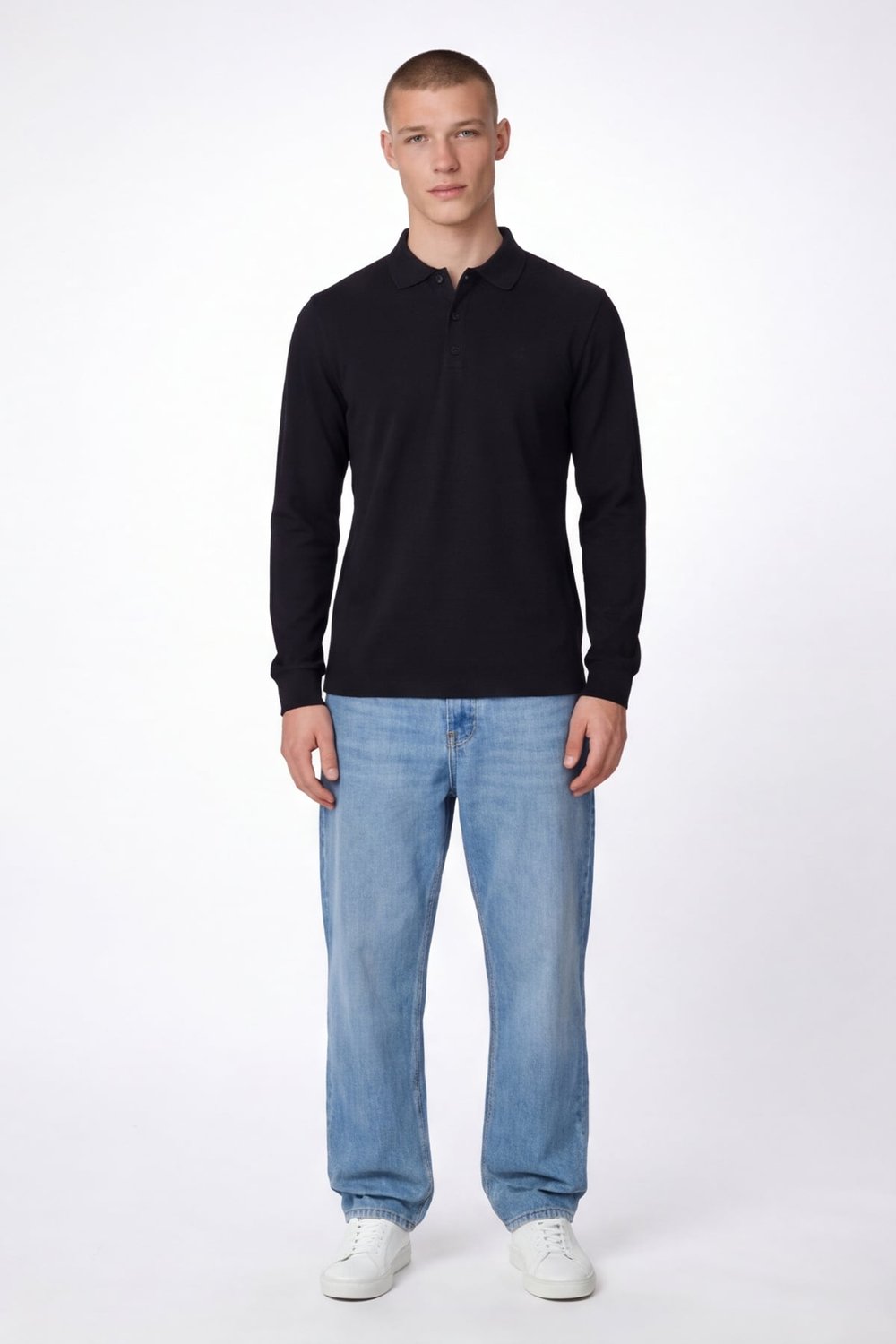 Giotelli Erkek Siyah Normal Kesim Regular Fit %100 Pamuk Örme Uzun Kollu Polo Yaka Düğmeli Sweatshirt