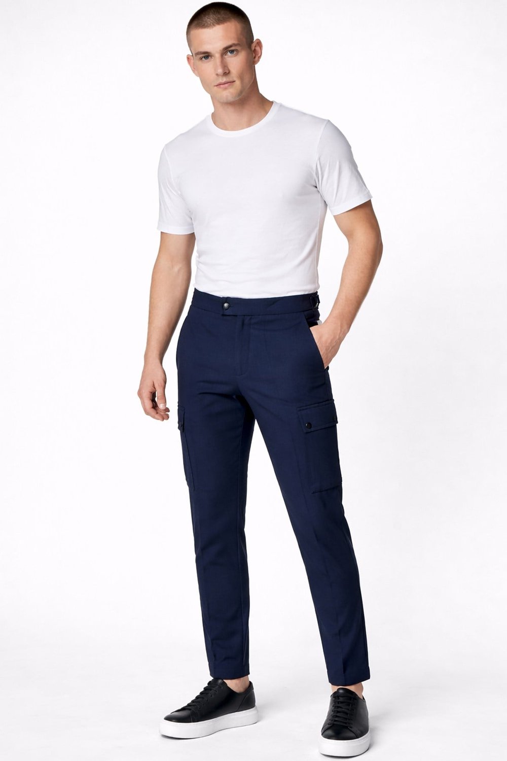 Giotelli Erkek Lacivert Dar Kesim Slim Fit Yünlü Dokuma Kargo Cep Normal Bel 6 Drop Pantolon
