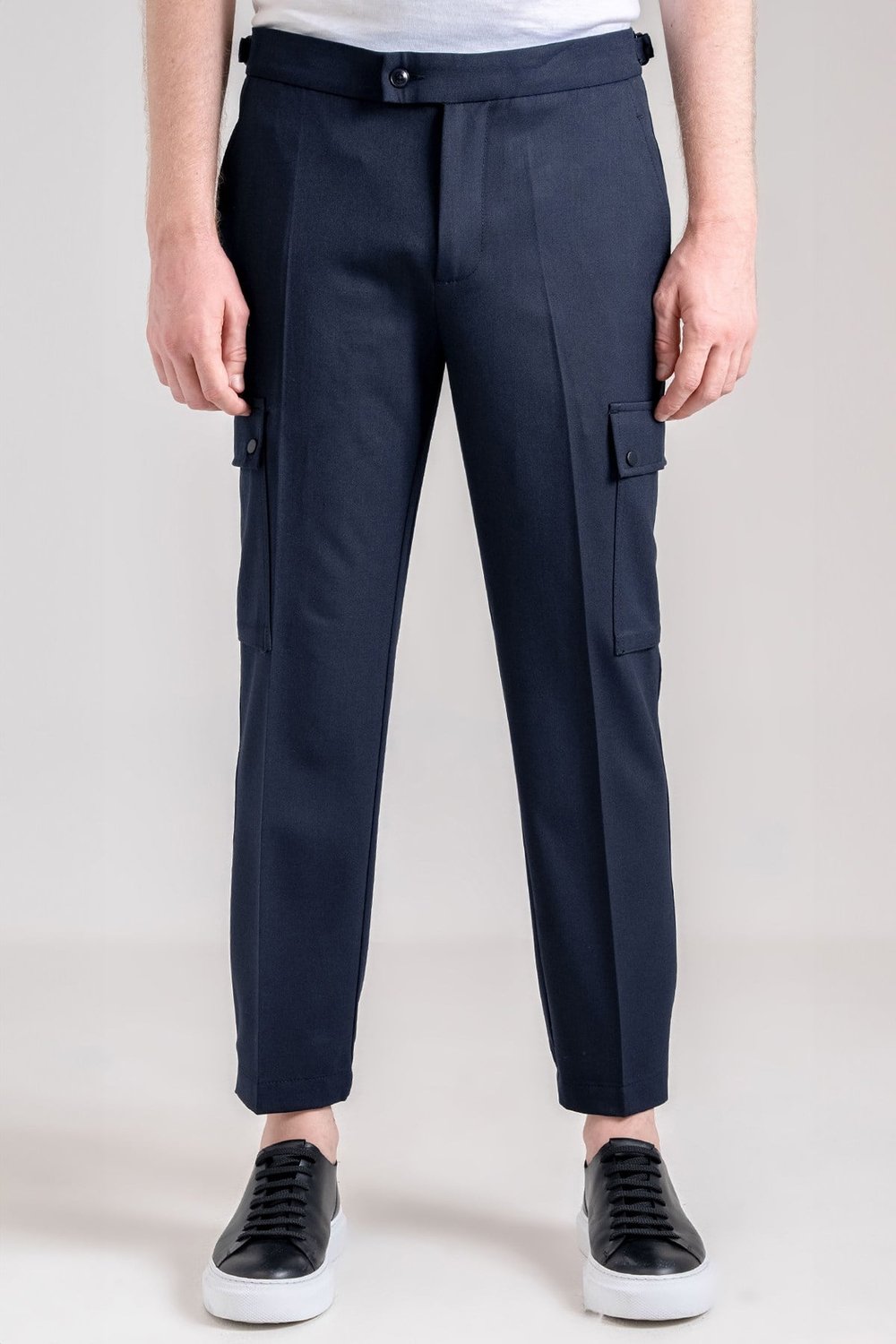 Giotelli Erkek Lacivert Dar Kesim Slim Fit Yünlü Dokuma Kargo Cep Normal Bel 6 Drop Pantolon