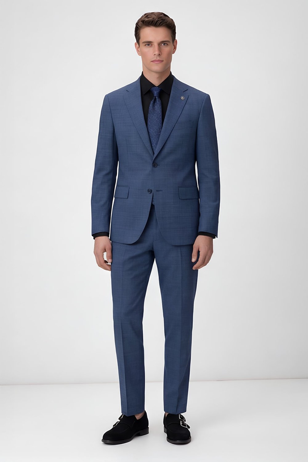 Giotelli Erkek Mavi Dar Kesim Slim Fit Viskon Dokuma Fleto Kapaklı Cep Normal Bel 5 Drop Klasik Takım Elbise