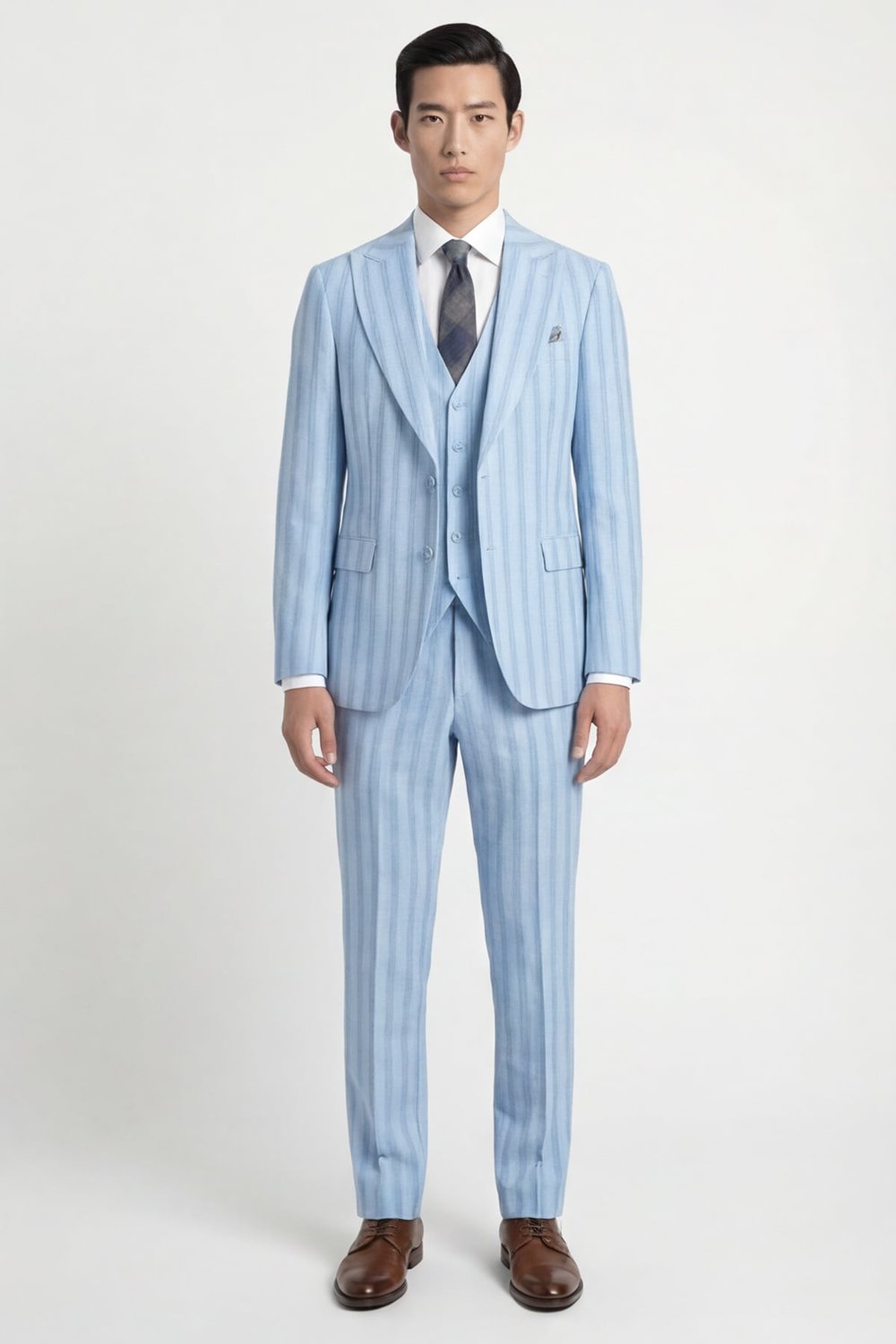 Giotelli Erkek Mavi Dar Kesim Slim Fit Viskon Çizgili Dokuma Fleto Kapaklı Cep Normal Bel 8 Drop Yelekli Klasik Takım Elbise