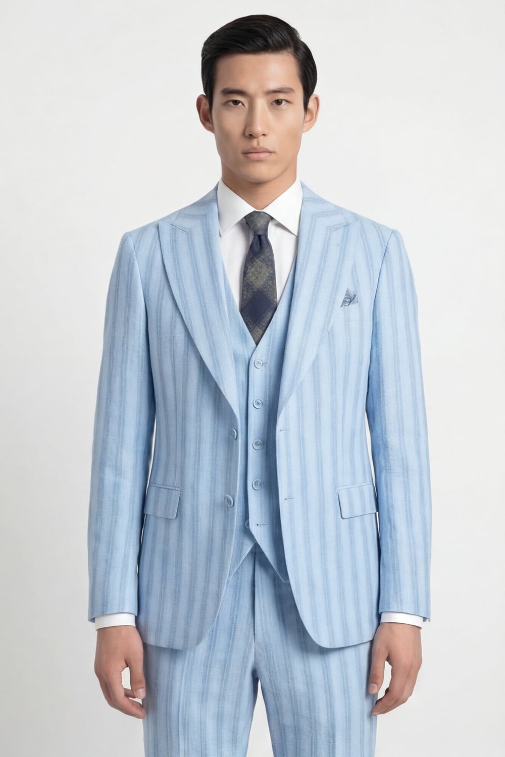 Giotelli Erkek Mavi Dar Kesim Slim Fit Viskon Çizgili Dokuma Fleto Kapaklı Cep Normal Bel 8 Drop Yelekli Klasik Takım Elbise