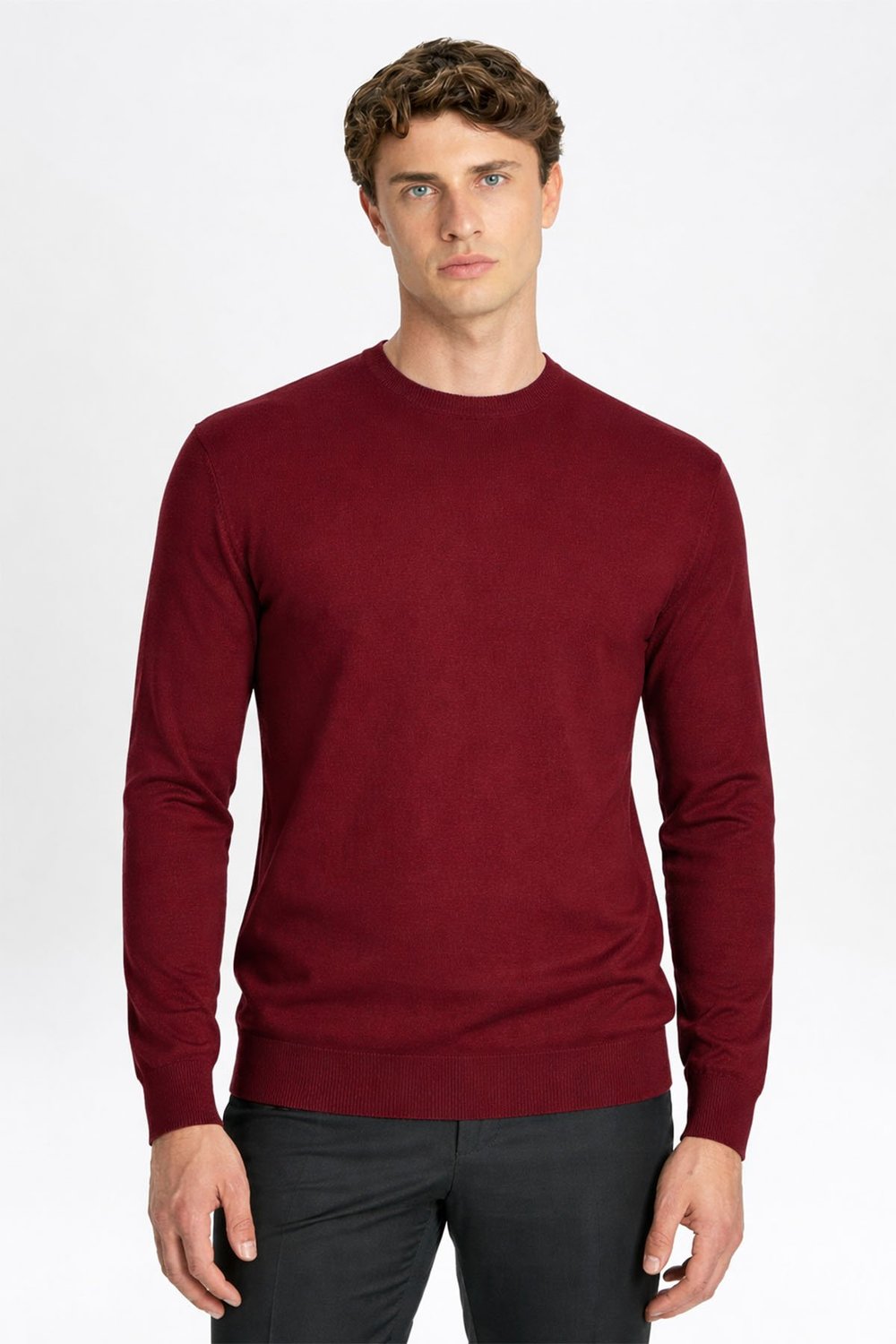 Açık Bordo Standart Fit Yün Karışımlı Bisiklet Yaka Düz Erkek Triko Kazak