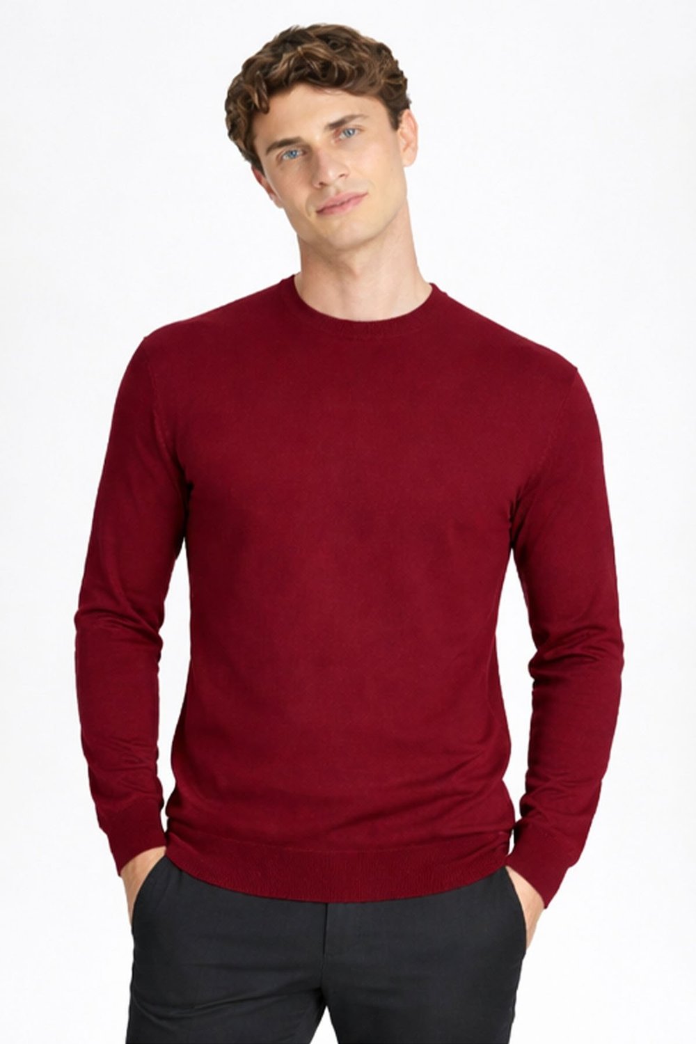 Açık Bordo Standart Fit Yün Karışımlı Bisiklet Yaka Düz Erkek Triko Kazak