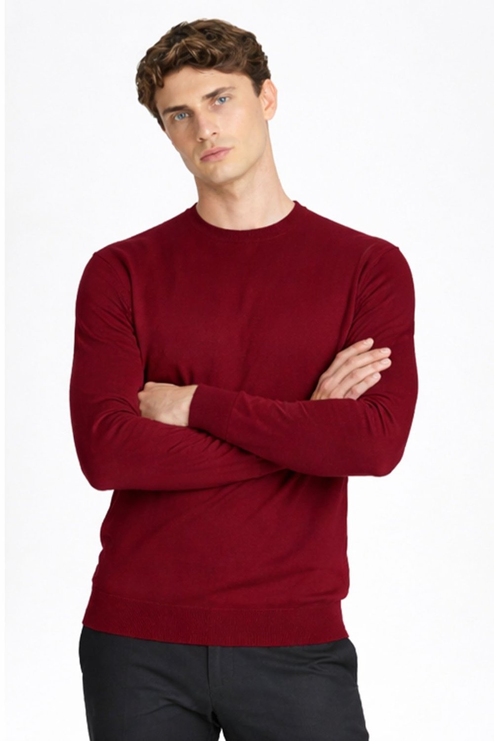 Açık Bordo Standart Fit Yün Karışımlı Bisiklet Yaka Düz Erkek Triko Kazak