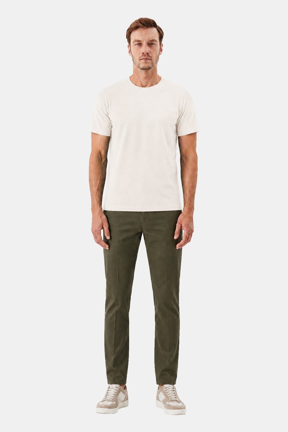 Açık Ekru %100 Pamuk Bisiklet Yaka Düz Renk Basic T-Shirt
