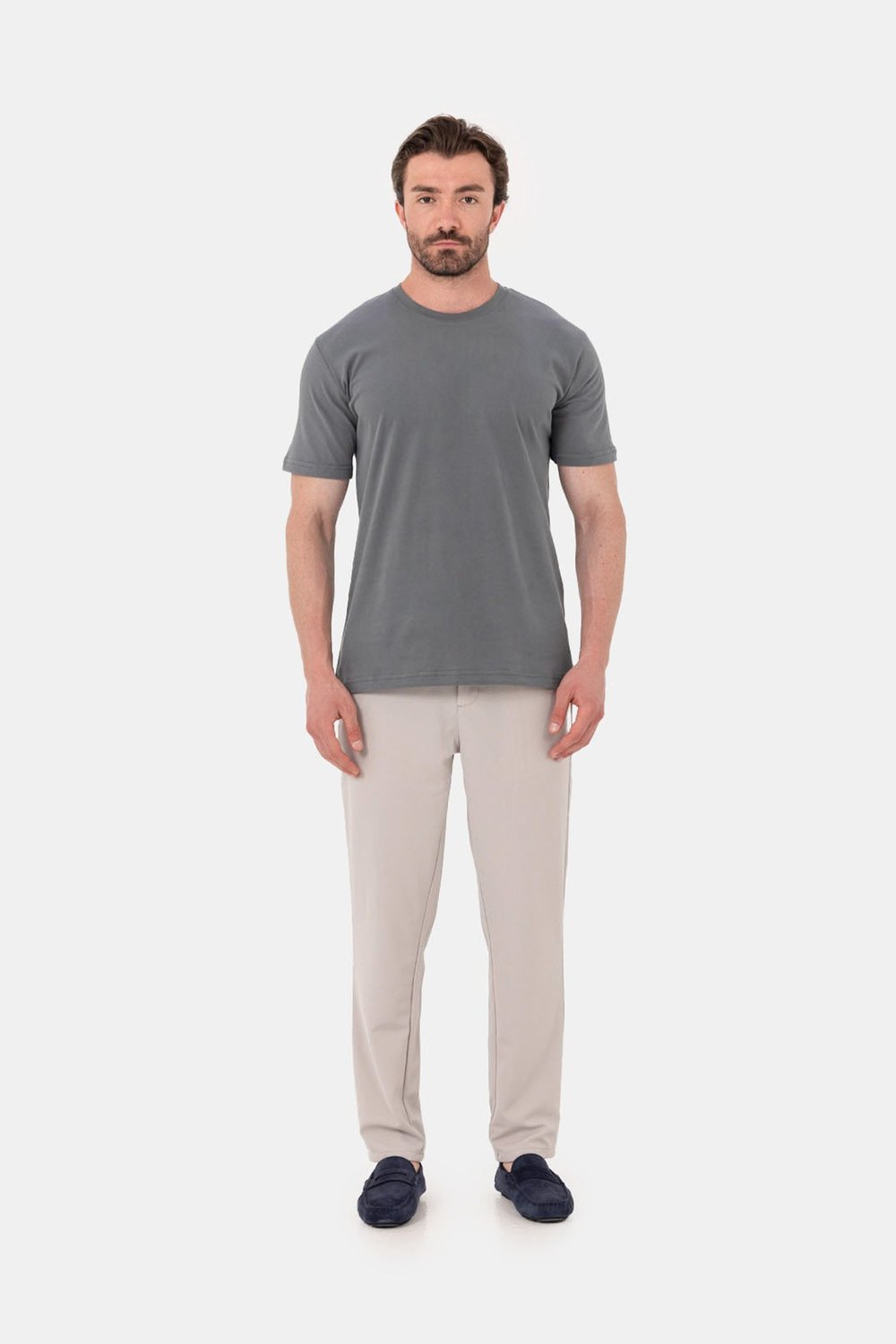 Açık Füme %100 Pamuk Bisiklet Yaka Düz Renk Basic T-Shirt