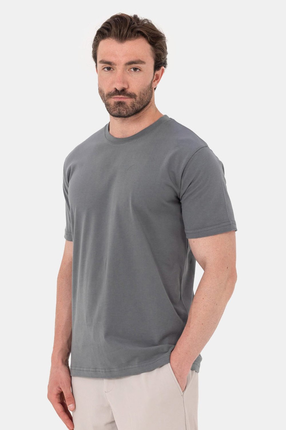 Açık Füme %100 Pamuk Bisiklet Yaka Düz Renk Basic T-Shirt