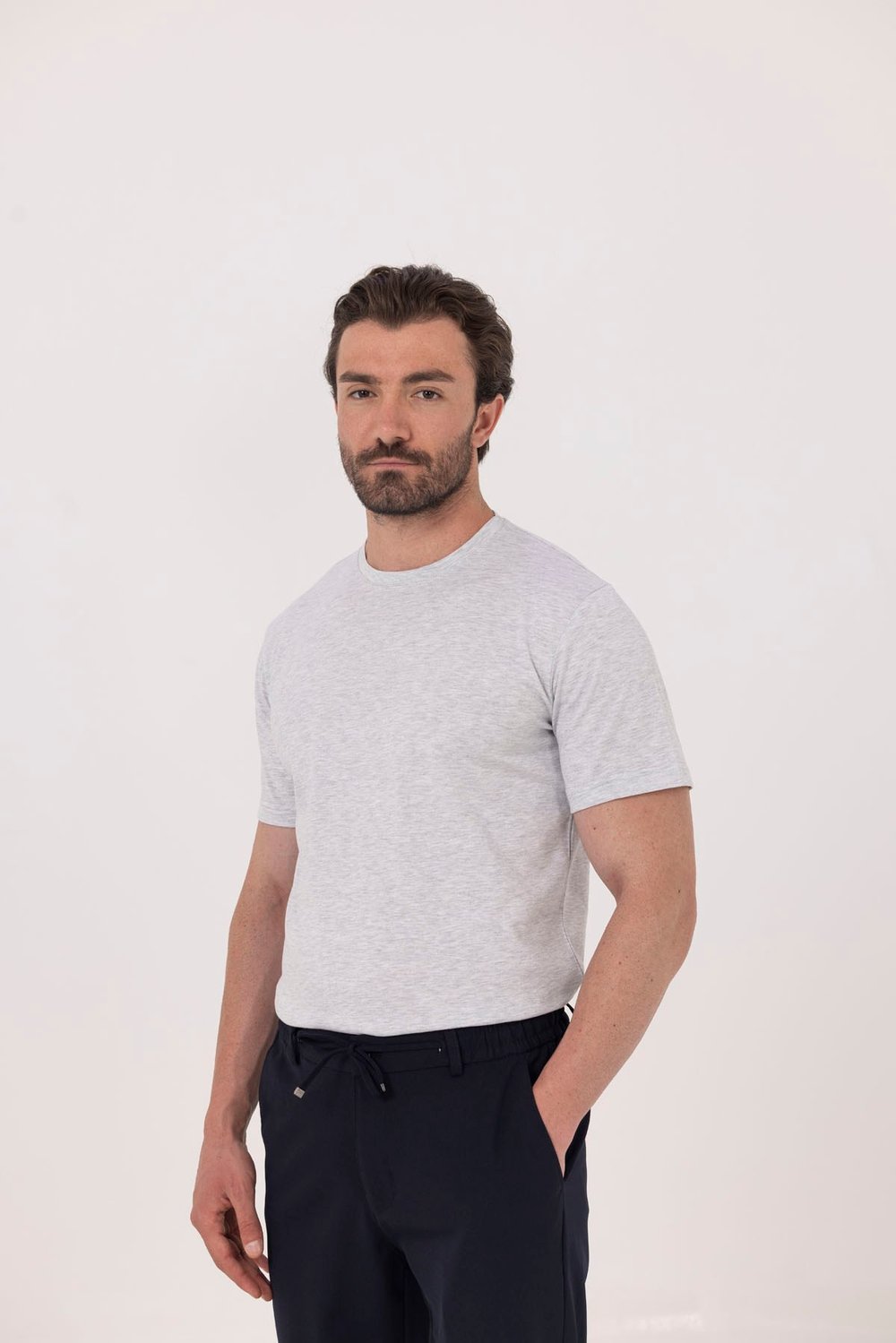 Açık Gri %100 Pamuk Bisiklet Yaka Düz Renk Basic T-Shirt