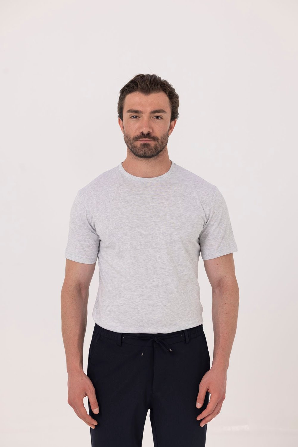 Açık Gri %100 Pamuk Bisiklet Yaka Düz Renk Basic T-Shirt