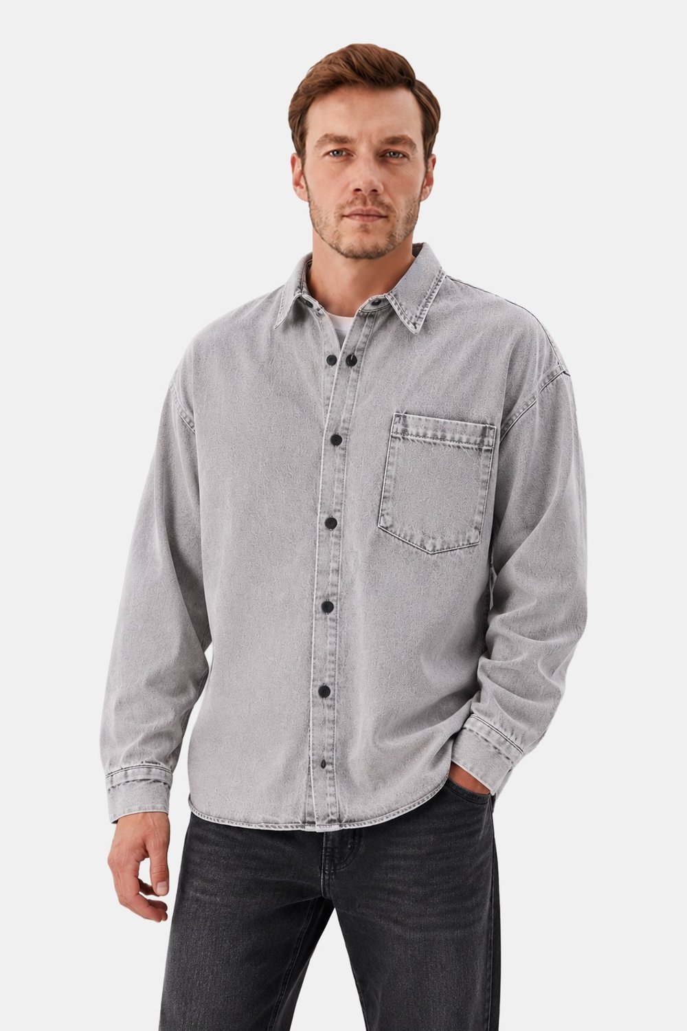 Açık Gri Regular Fit Pamuk Cepli Uzun Kollu Denim Ceket Gömlek