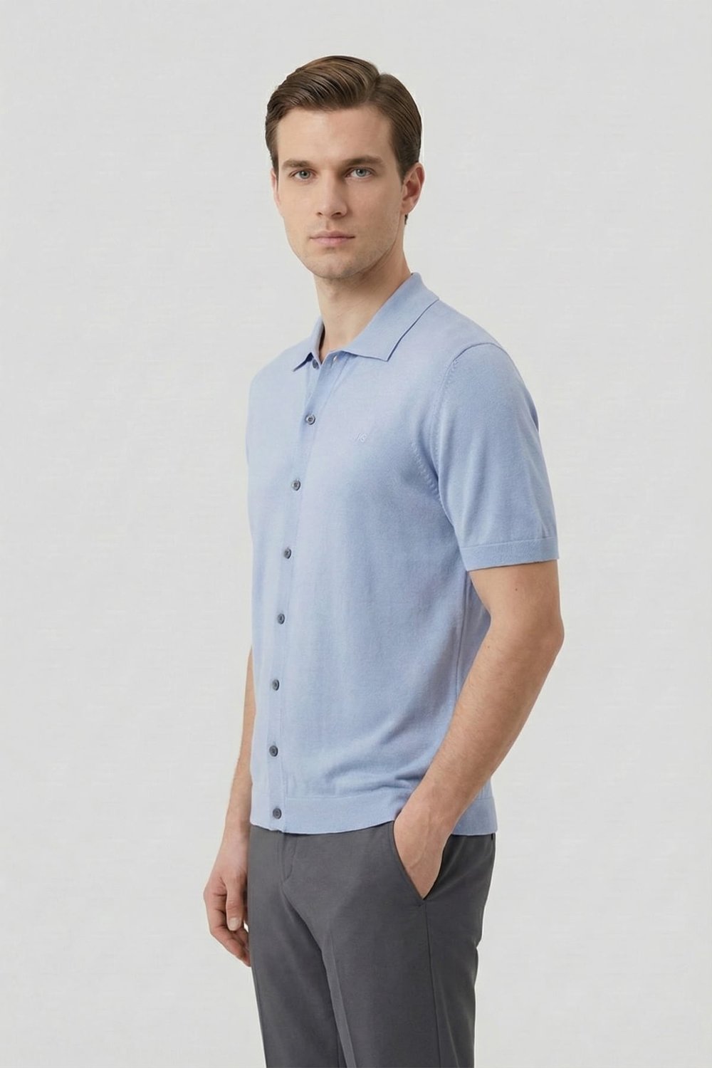 Erkek Açık Mavi Normal Kesim Regular Fit Viskon Dokuma Triko Polo Yaka Tişört