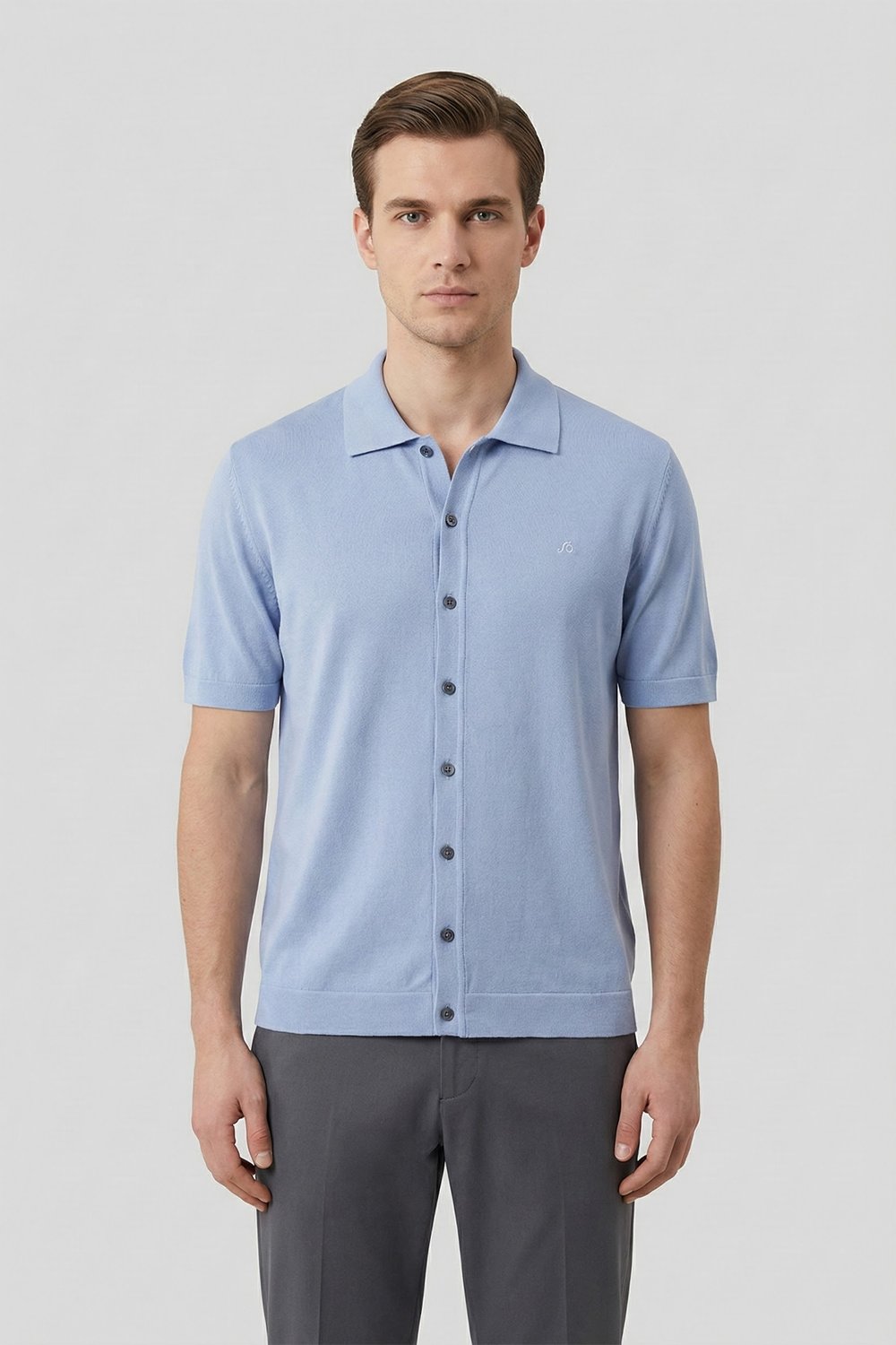 Erkek Açık Mavi Normal Kesim Regular Fit Viskon Dokuma Triko Polo Yaka Tişört