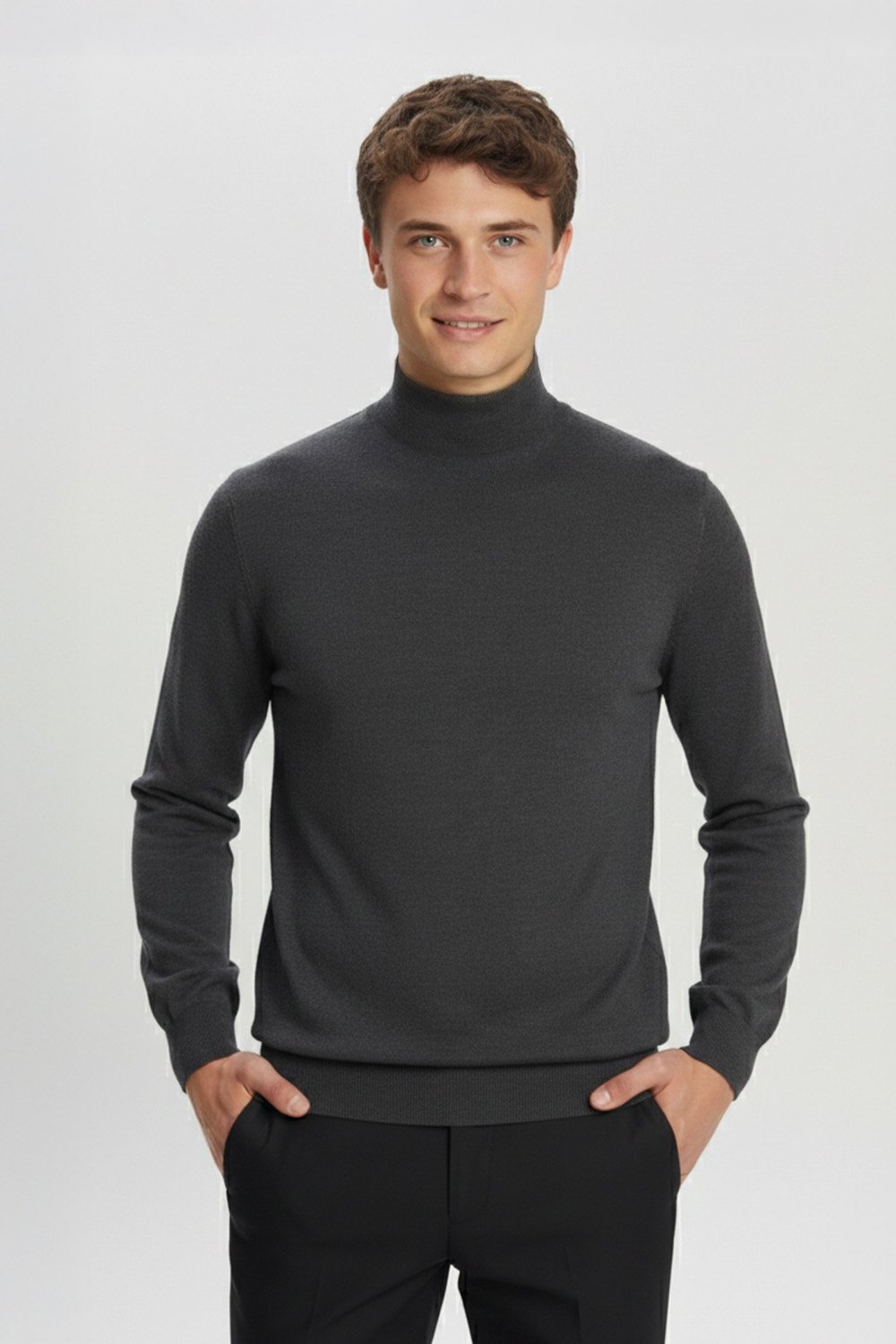 Antrasit Regular Fit Pamuklu Yarım Balıkçı Yaka Erkek Triko Kazak