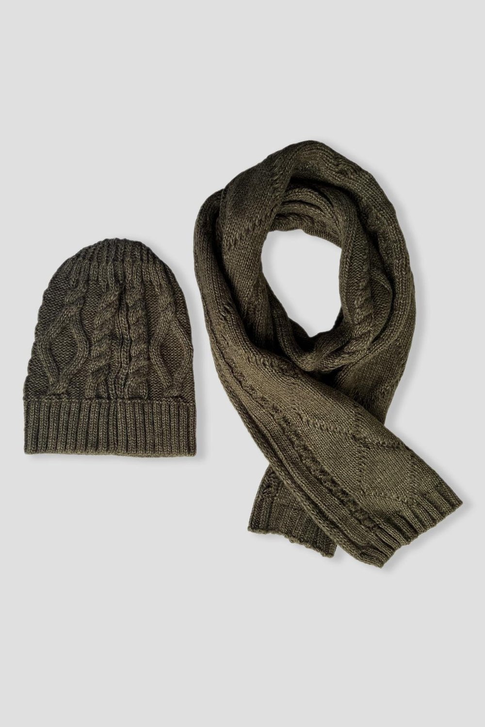 Erkek Haki Saç Örgü Örme %100 Akrilik Atkı Bere Takımı