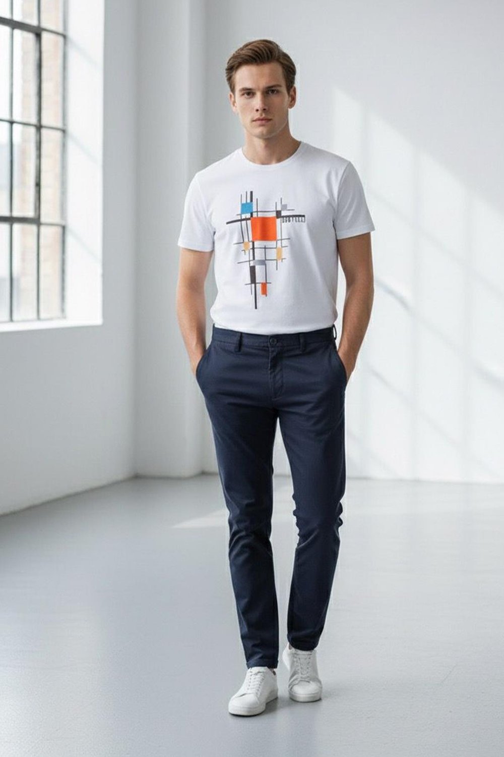 Giotelli Ekru Slim Fit %100 Pamuk Baskılı Bisiklet Yaka Erkek Tişört