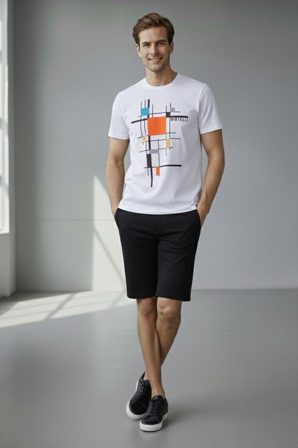 Giotelli Ekru Slim Fit %100 Pamuk Baskılı Bisiklet Yaka Erkek Tişört