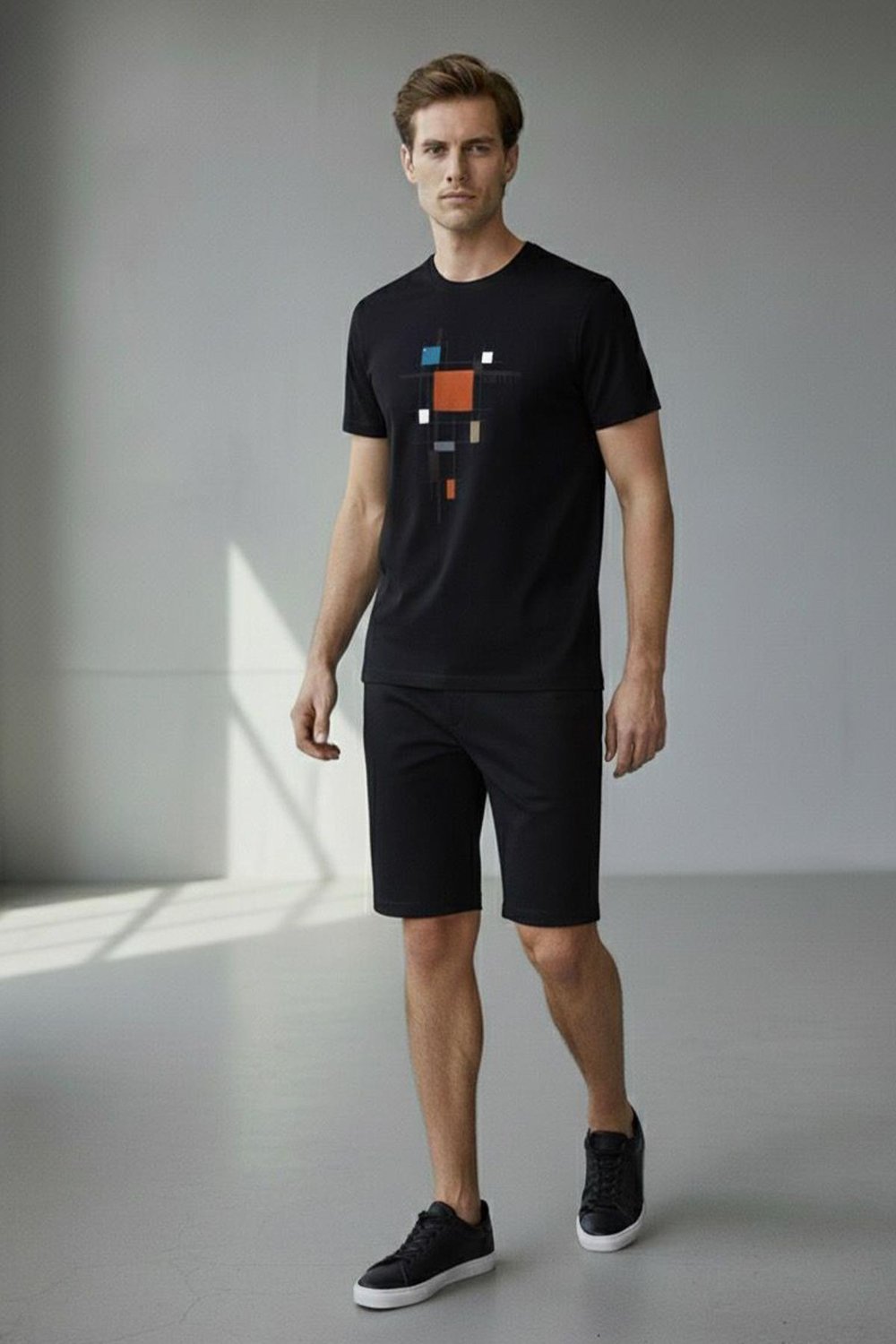 Giotelli Siyah Slim Fit %100 Pamuk Baskılı Bisiklet Yaka Erkek Tişört