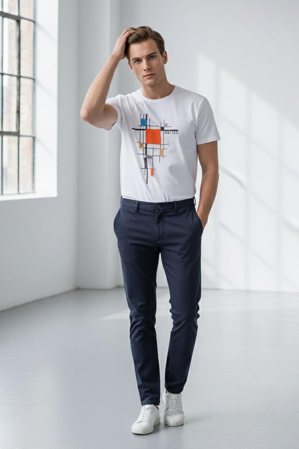 Giotelli Ekru Slim Fit %100 Pamuk Baskılı Bisiklet Yaka Erkek Tişört