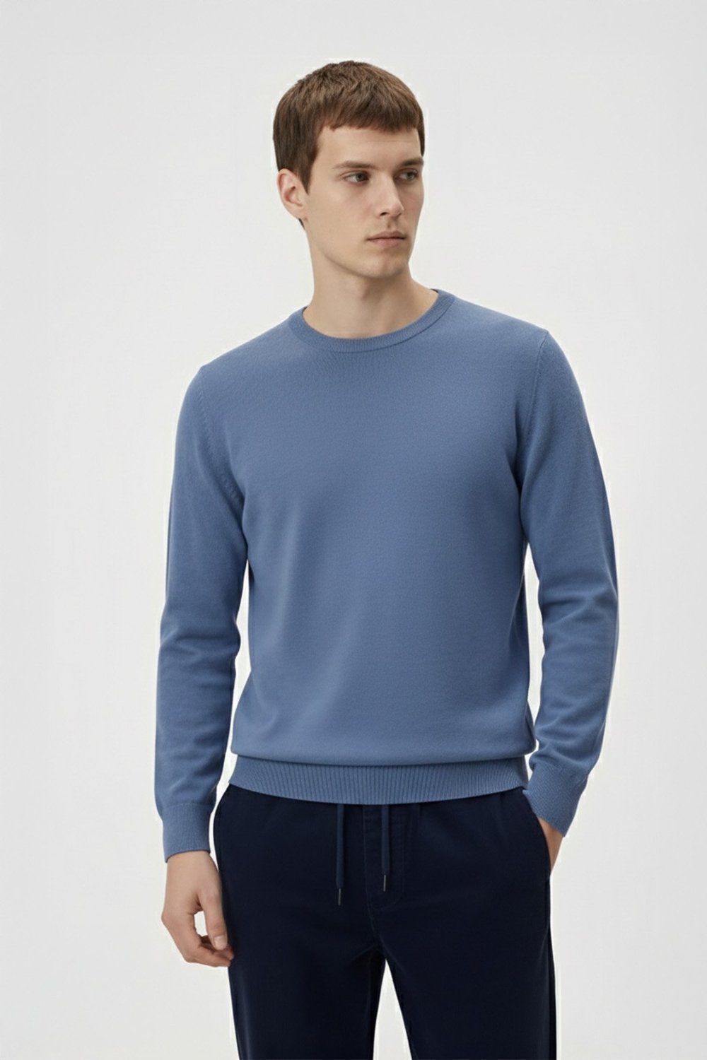 Standart Fit Bebe Mavi Yün Karışımlı Bisiklet Yaka Düz Desen Triko Kazak