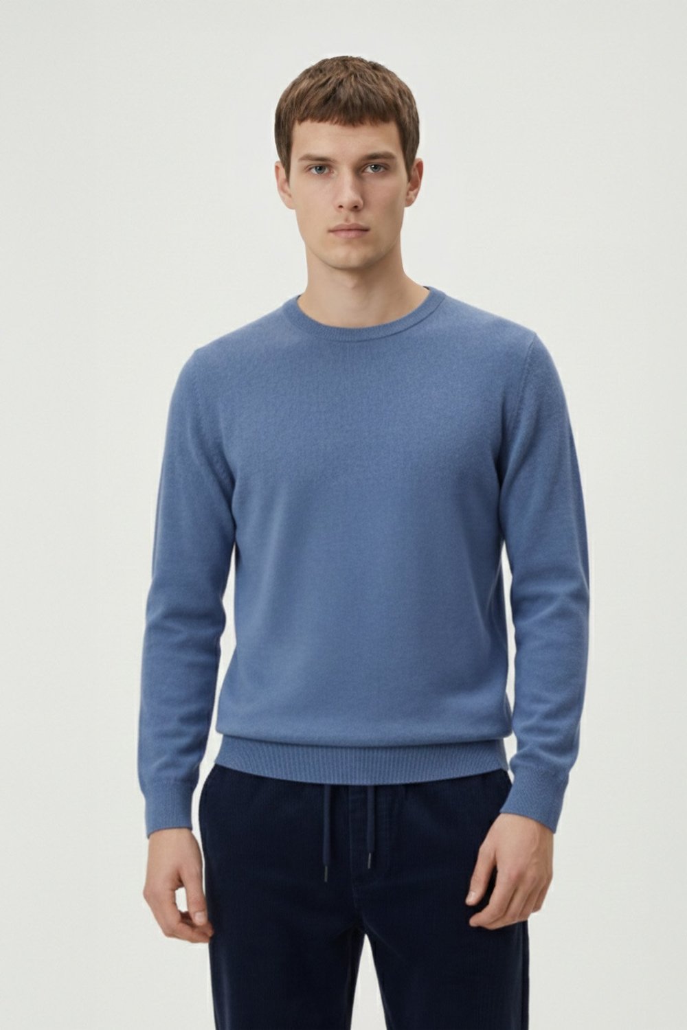 Standart Fit Bebe Mavi Yün Karışımlı Bisiklet Yaka Düz Desen Triko Kazak