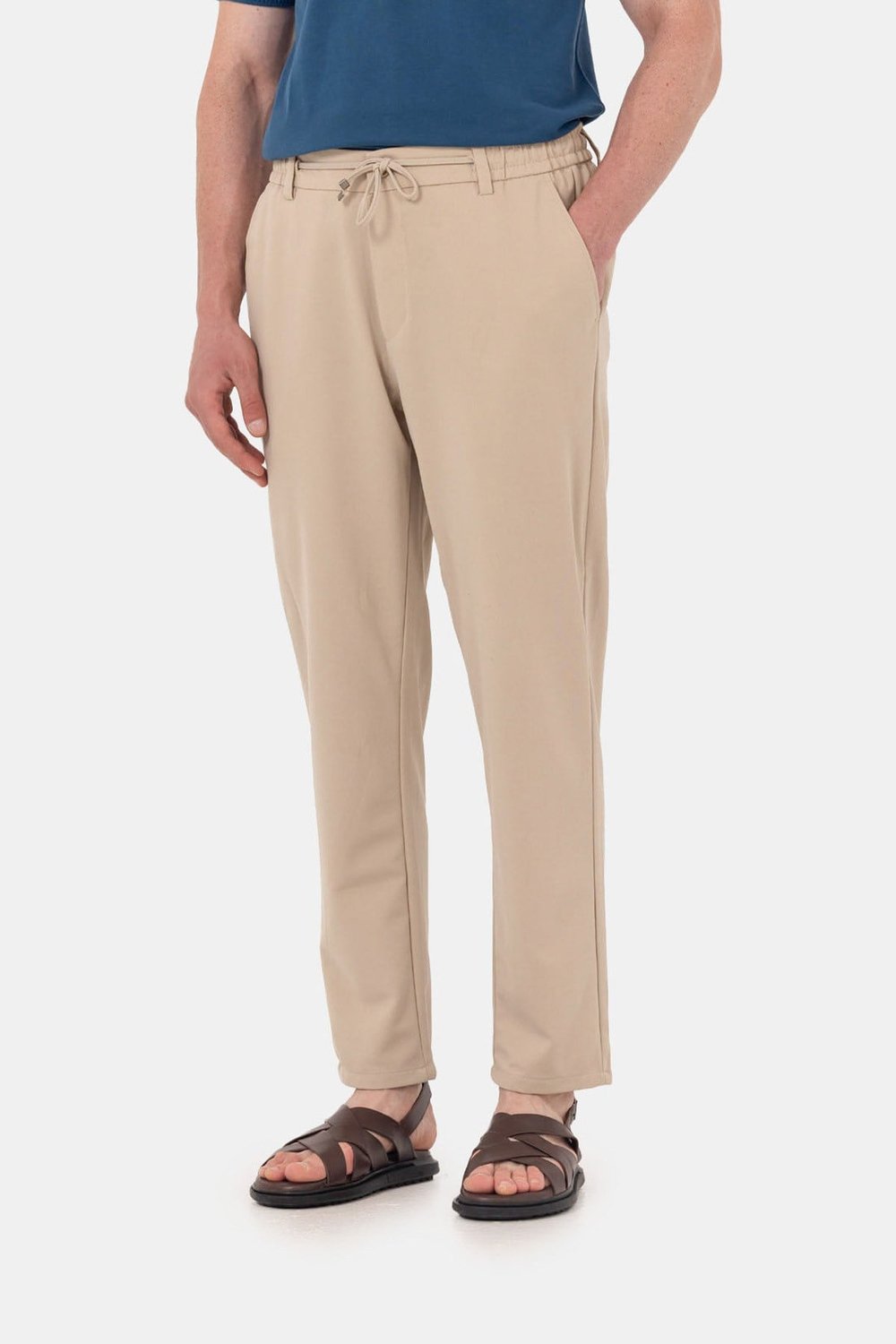 Bej Dokulu Arka Lastikli Köprü Kemerli Bağcıklı Slim Fit Jogger Pantolon