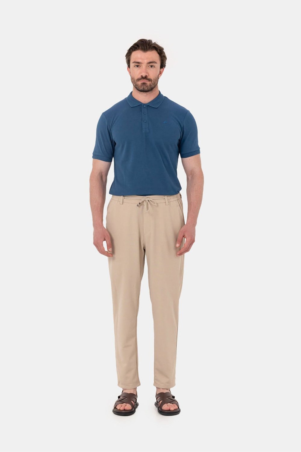 Bej Dokulu Arka Lastikli Köprü Kemerli Bağcıklı Slim Fit Jogger Pantolon