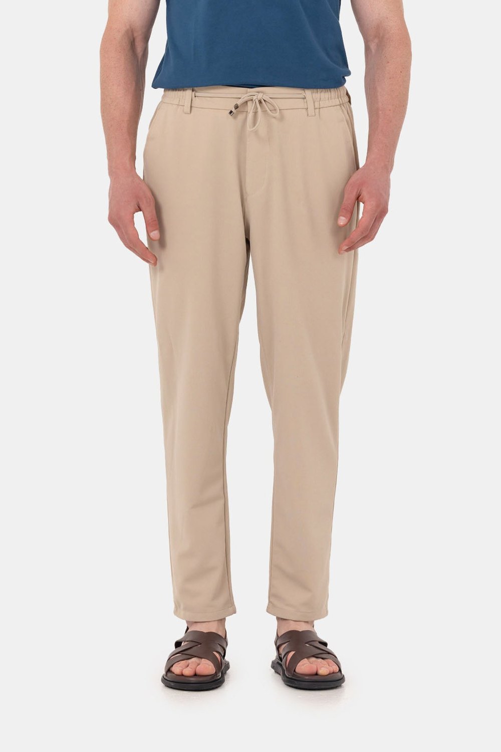 Bej Dokulu Arka Lastikli Köprü Kemerli Bağcıklı Slim Fit Jogger Pantolon