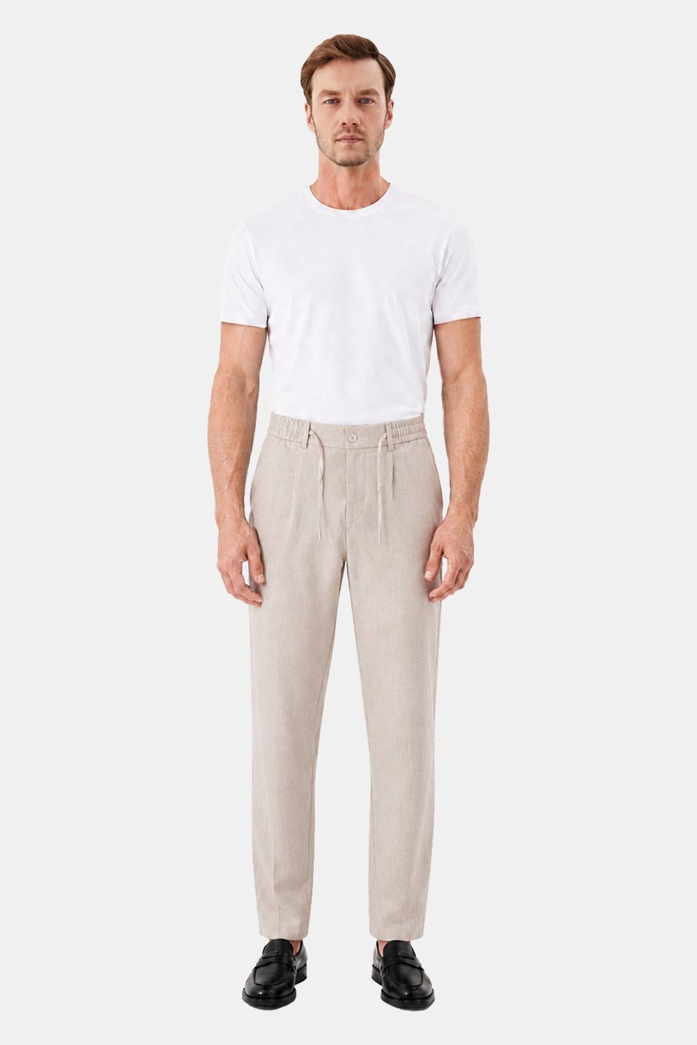 Bej Keten Görünümlü Arka Lastikli Köprü Kemerli Bağcıklı Regular Fit Jogger Pantolon