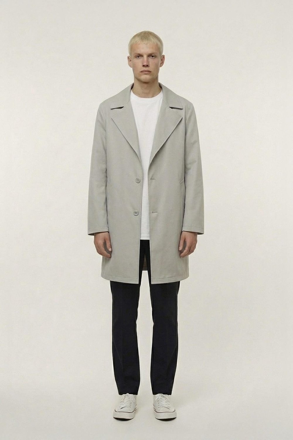 Bej Oversize Fit Pamuklu Mono Yaka Yan Cepli Orta Boy Erkek Trençkot