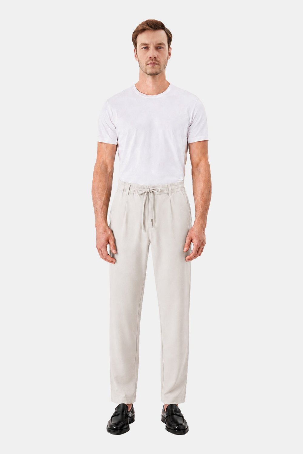 Bej Dokulu Arka Lastikli Köprü Kemerli Bağcıklı Slim Fit Jogger Pantolon