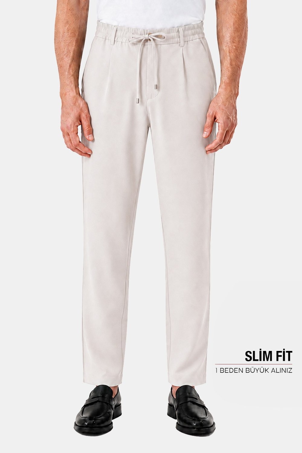 Bej Dokulu Arka Lastikli Köprü Kemerli Bağcıklı Slim Fit Jogger Pantolon