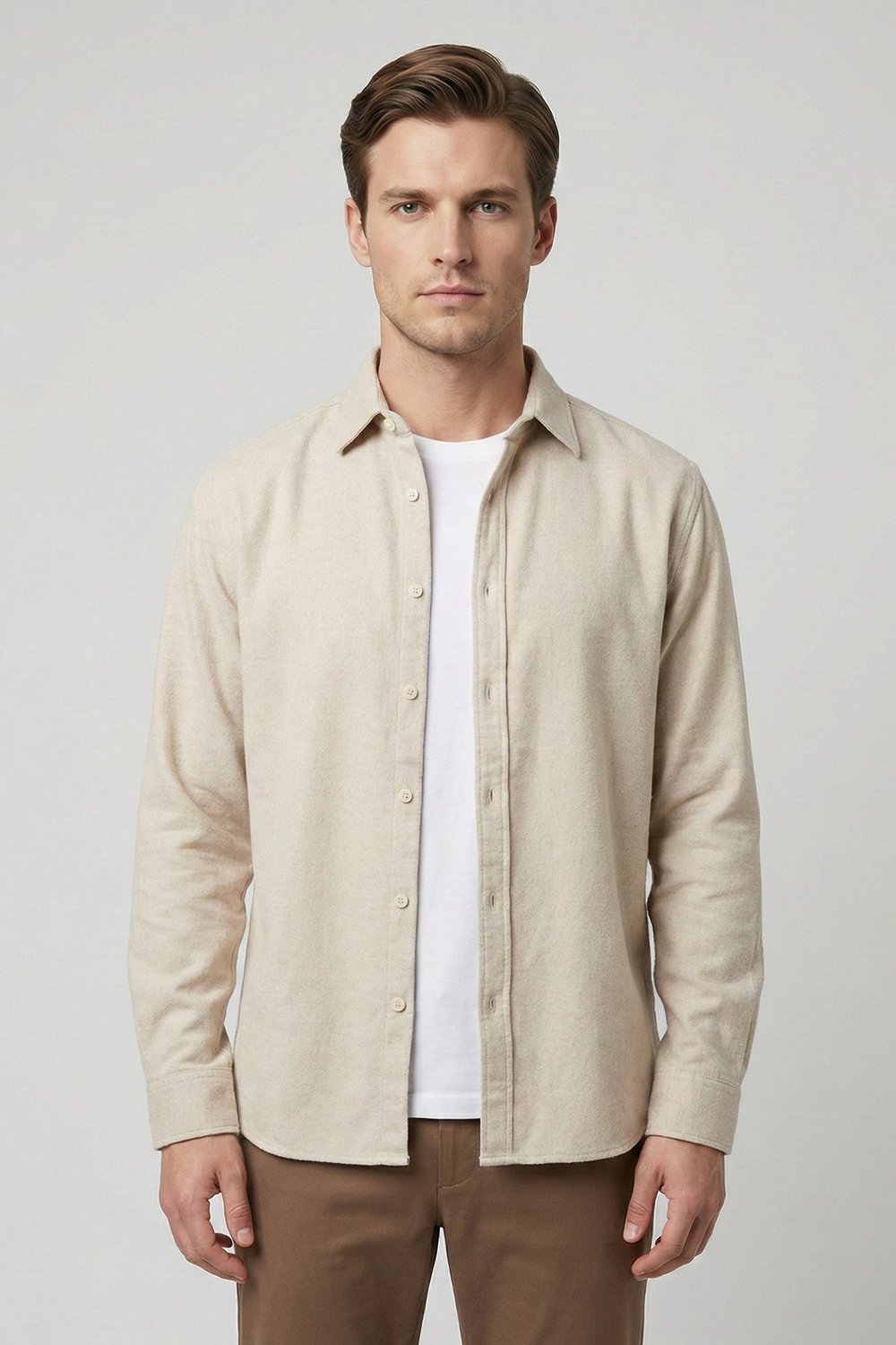 Bej Regular Fit Pamuklu Uzun Kollu Düz Polo Yaka Erkek Oduncu Gömlek