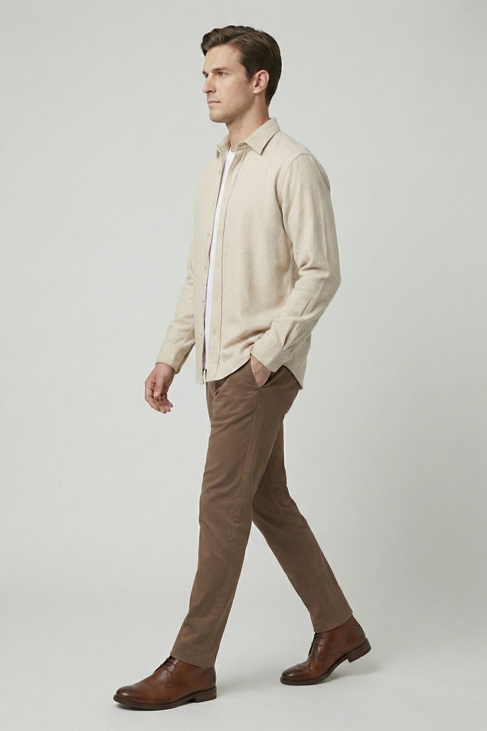 Bej Regular Fit Pamuklu Uzun Kollu Düz Polo Yaka Erkek Oduncu Gömlek