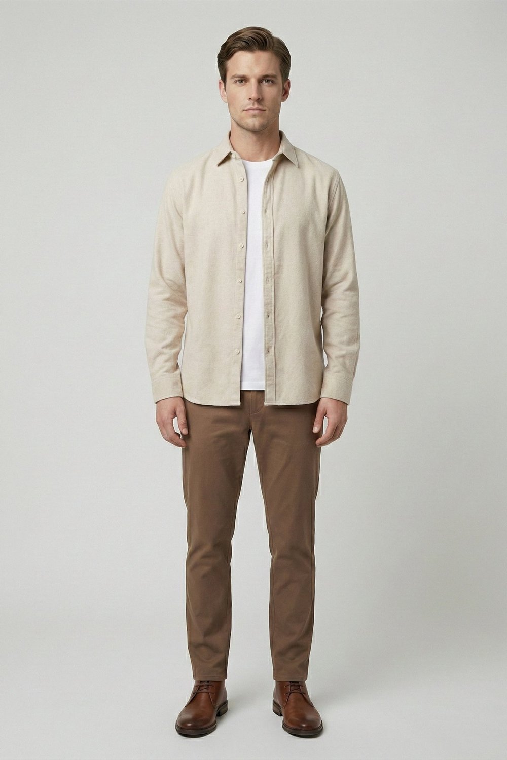 Bej Regular Fit Pamuklu Uzun Kollu Düz Polo Yaka Erkek Oduncu Gömlek