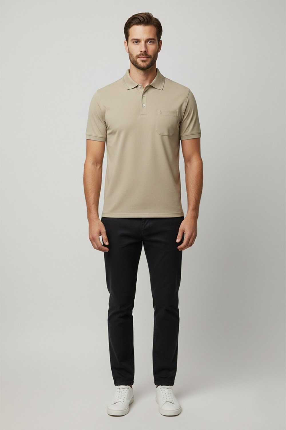 Bej %100 Pamuk Cepli Polo Yaka T-shirt