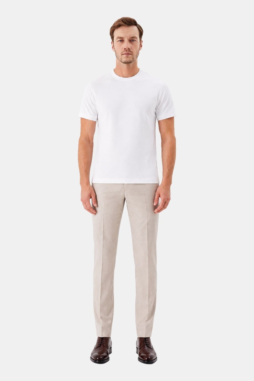 Beyaz %100 Pamuk Regular Fit Dokuma Bisiklet Yaka Basic T-Shirt