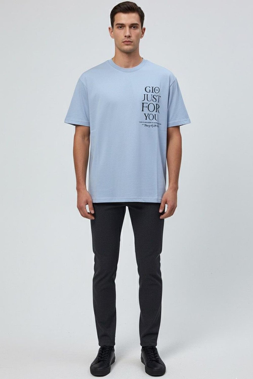 Giotelli Açık Mavi Oversize Fit %100 Pamuk Bisiklet Yaka Erkek Tişört