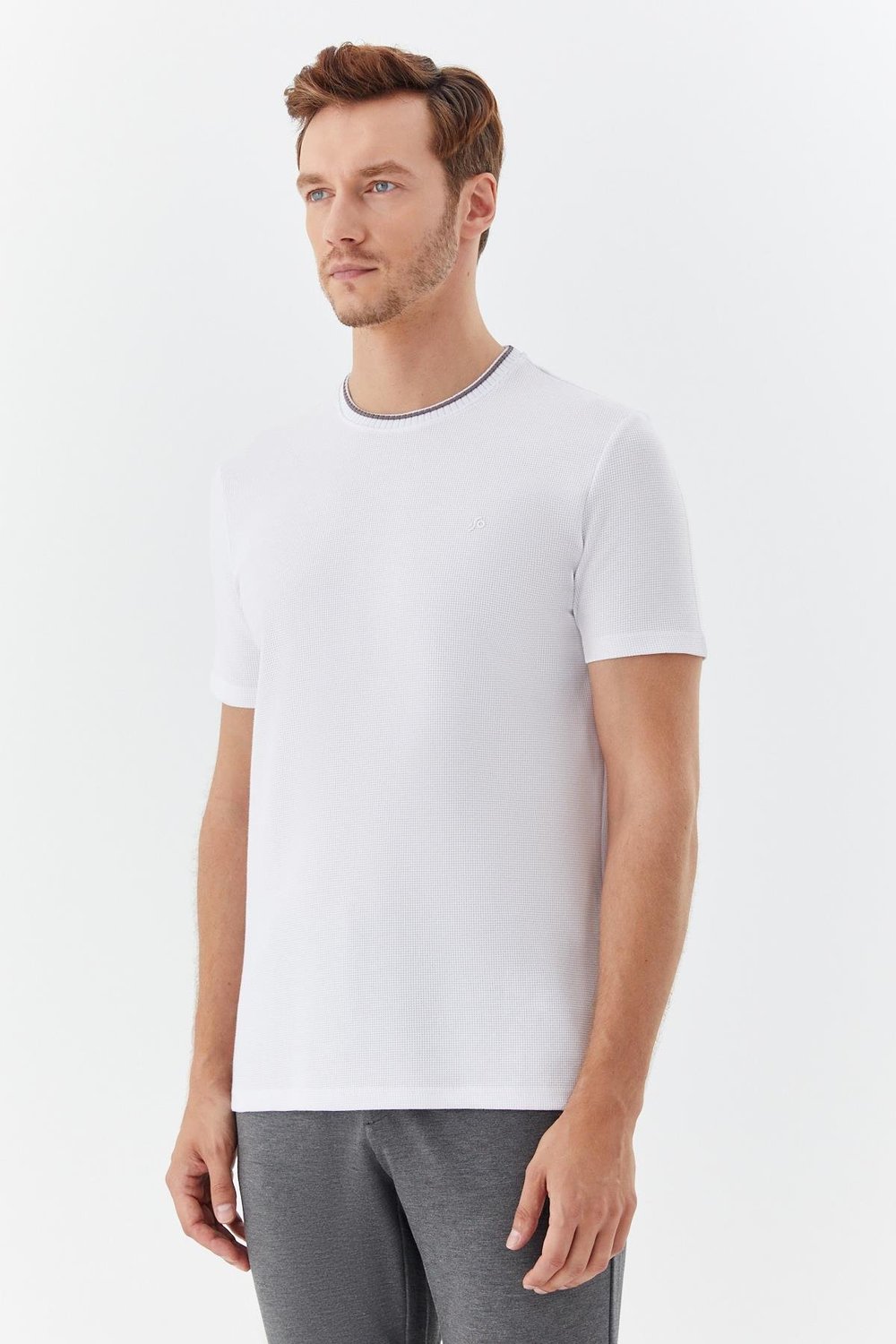 Ekru Bisiklet Yaka Dokulu Örme Erkek T-Shirt