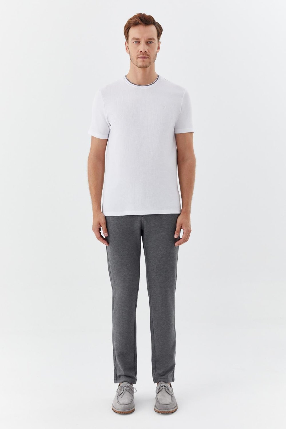 Ekru Bisiklet Yaka Dokulu Örme Erkek T-Shirt