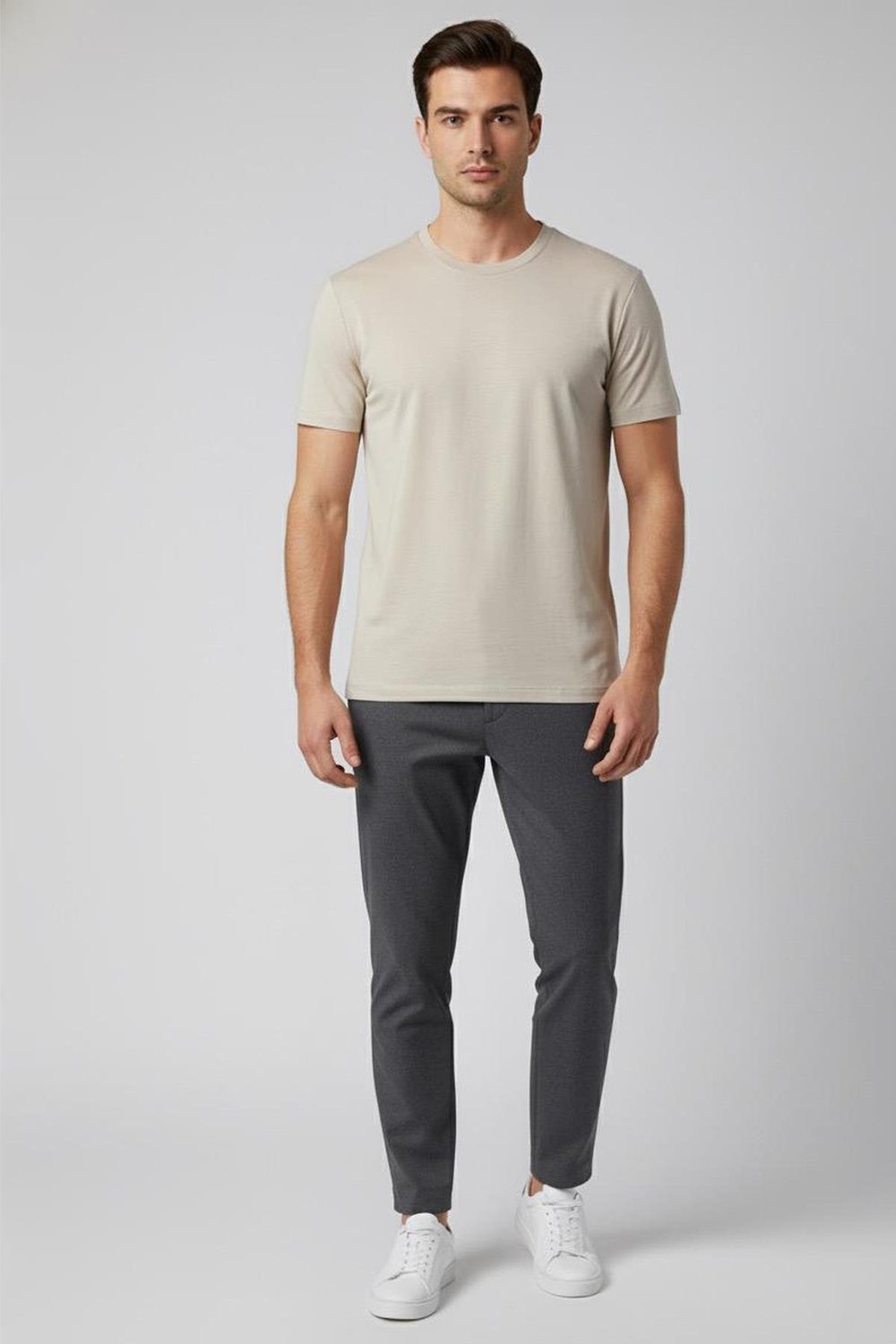 Giotelli Bej Regular Fit %100 Pamuk Bisiklet Yaka Erkek Tişört