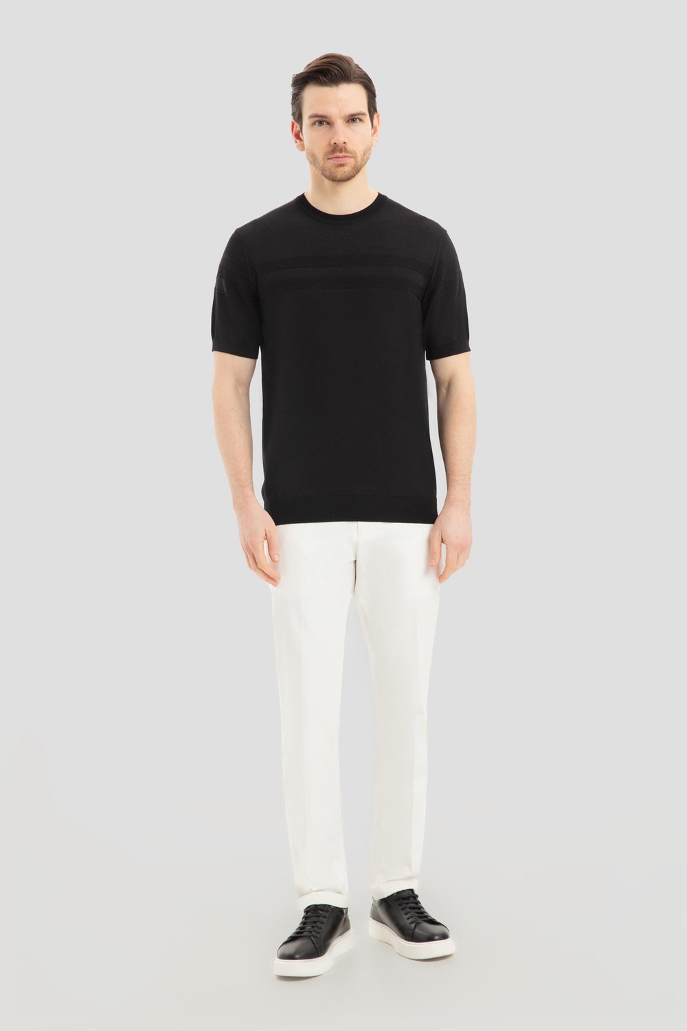 Erkek Siyah Dar Kesim Slim Fit Viskon Jakarlı Triko Bisiklet Yaka Tişört