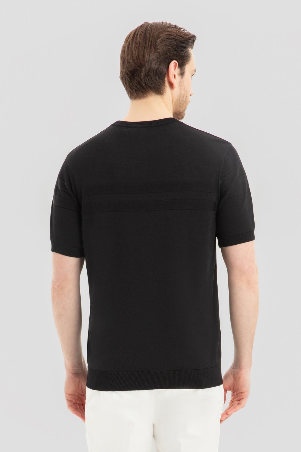 Erkek Siyah Dar Kesim Slim Fit Viskon Jakarlı Triko Bisiklet Yaka Tişört