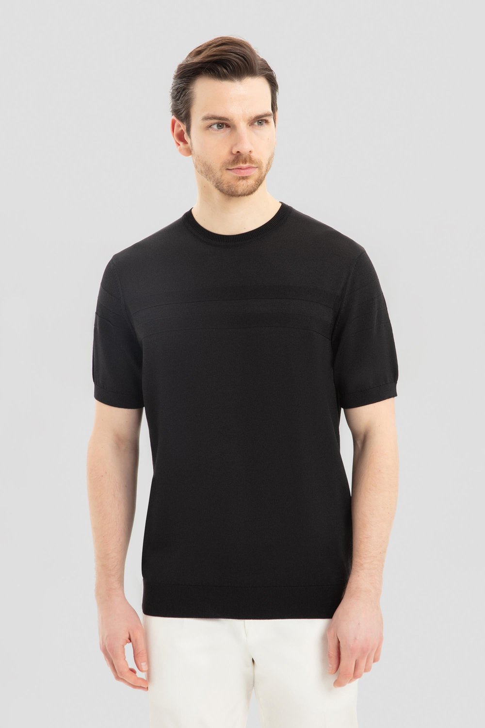 Erkek Siyah Dar Kesim Slim Fit Viskon Jakarlı Triko Bisiklet Yaka Tişört